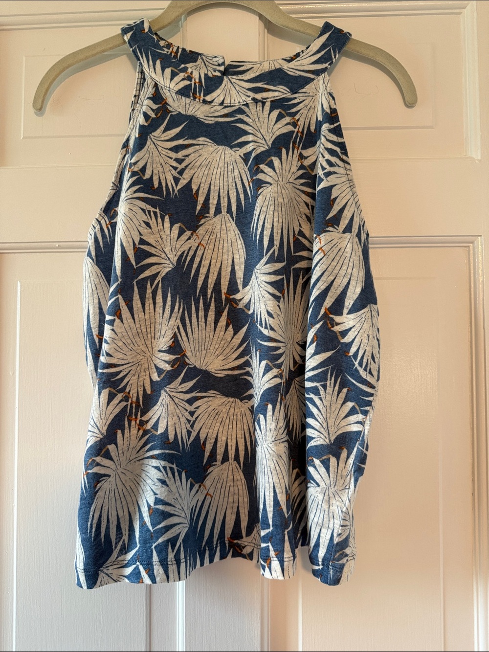 Rachel Zoe 100% Linen Blue Cream Palm Print Halter Top Fits Like Medium
